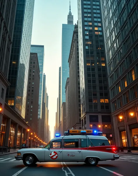 35mm prime lens, f/8, ISO 100. Sleek urban setting: glass skyscrapers, polished surfaces. Stark contrast: Iconic. vibrant  on classical GHOSTBUSTERS Firehouse building. Cool white balance (5500K) for crisp New York City feel. Golden hour lighting. High dyn...