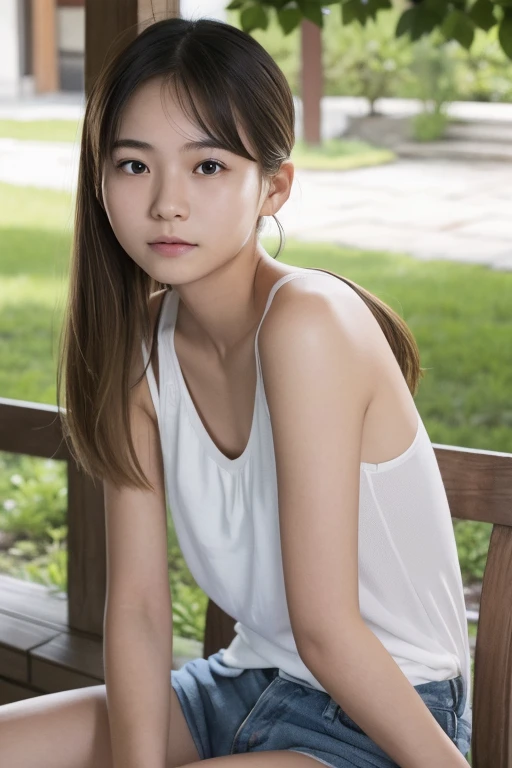 (Real),８KCG,High resolution,Create a photo of a Korean Asian teenager,beautiful girl, ((Blonde)),((9yo)),Narrow eyes:1.5,Slim Face,Underarm,White tank top,No arm hair,(Small Face:1.3),Slim Face,Ask,outdoor Sit on  simple bench,
1人の女の子, 足をフレーム外へ,(((もっと平らな胸:...