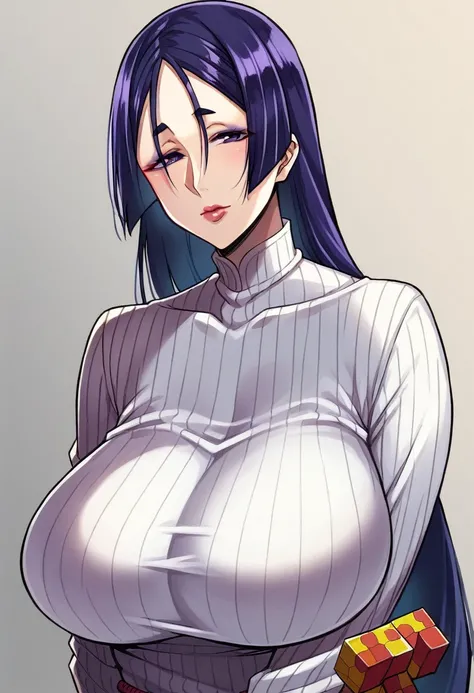 Manga style, 1girl, black_hair, solo, makeup, long_hair, large_breasts, (casual_clothes), lipstick, purple_eyes, eyeliner, eyeshadow, upper_body, bangs_down, red_lips, (Minamoto_no_Raikou), milf, serene_face.