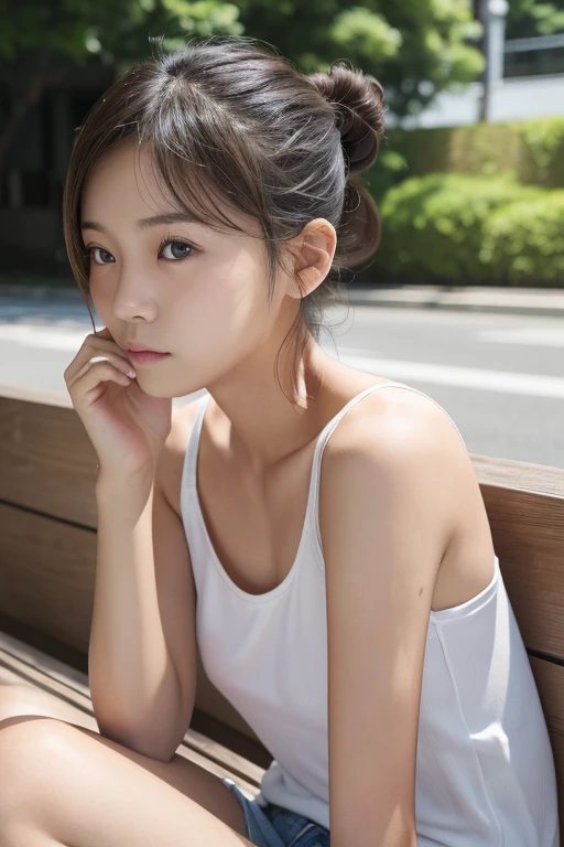 (Real),８KCG,High resolution,Create a photo of a Korean Asian teenager,beautiful girl, ((Blonde)),((9yo)),Narrow eyes:1.5,Slim Face,Underarm,White tank top,No arm hair,(Small Face:1.3),Slim Face,Ask,outdoor Sit on  simple bench,
1人の女の子, 足をフレーム外へ,(((もっと平らな胸:...