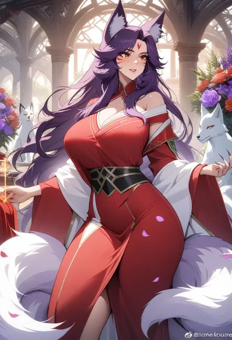 masterpiece, best quality, very aesthetic, absurdres, 1girl, mature_lady, ,,ahri(league_of_legends), 1girl, kitsune, kyuubi, deep purple hair,deep purple fox ears, long_hair,brown_eyes ,facial mark, whisker markings,white fox tail,kyuubi, large_breasts, lo...