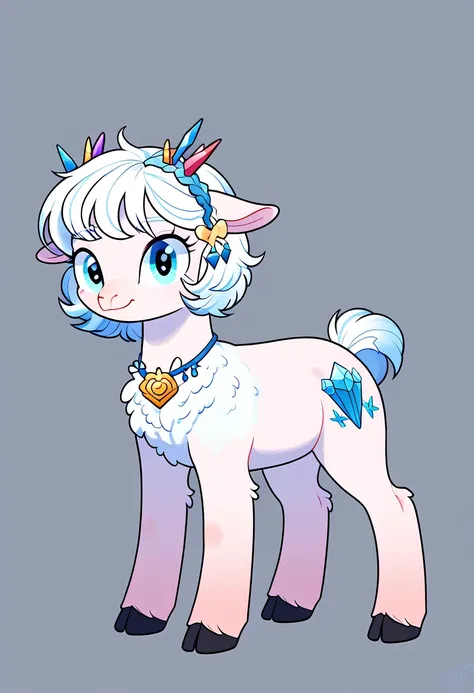 by MLP, pony, lamb, fluffy, white skin, rainbow, crystals white mane, pastel colors, Plain plain background, feral pony, show accurate, accessories, character design, detailed, full body