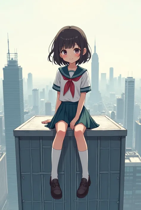 Cute schoolgirl sits on the edge of a skyscraper roof,essential art