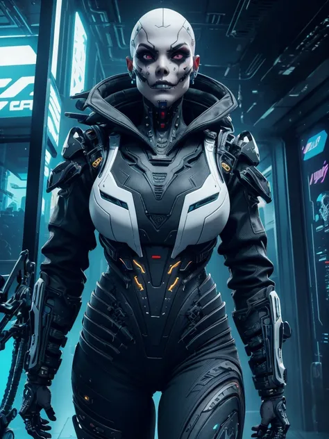 Villain, cyber skeleton face makeup!, sci fi mexican cyberpunk black hair woman, awoman with a cyber skeleton face makeup, cyber skeleton face makeup, with big mohawk, cybernetic face, Xtreme,  white shirt with golden, cyberpunk 2077 staircase background, ...