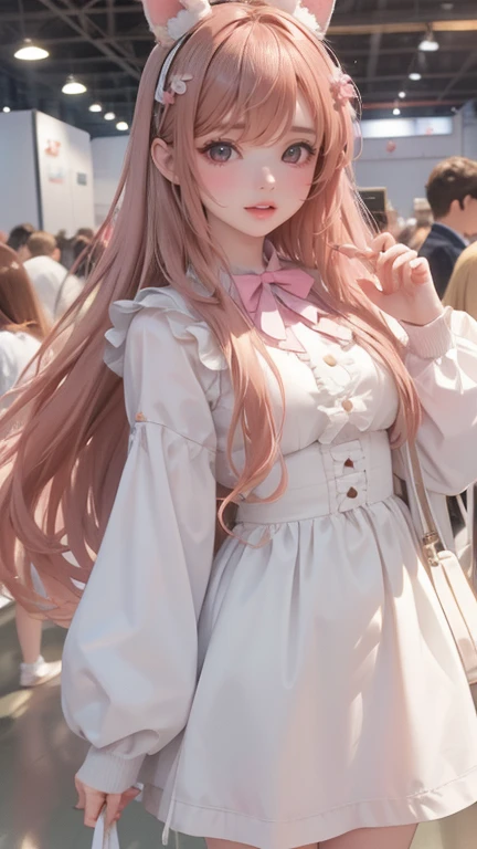 ，Ultra high quality，Illustration of girl wearing fluffy white clothing, Rabbit cosplayer, cartoon style, Photographed at the Makuhari Exhibition Hall,