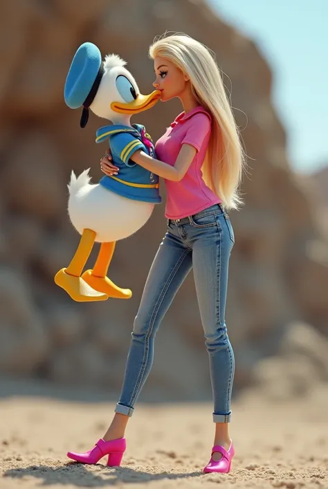 Barbie carried and kissed Donald Duck on the lips. Barbie is wearing pink polo, pink high heels, and skinny blue jeans. Donald duck is wearing his original clothes in the Mickey Mouse and Friends series. Barbie locked lips with Donald Duck. Full height fro...