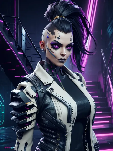 Villain, sci fi mexican cyberpunk black hair woman, awoman with a cyber skeleton face makeup, cyber skeleton face makeup, with big mohawk, cybernetic face, Xtreme,  white shirt with golden, cyberpunk 2077 staircase background, dramatic lighting, realistic ...