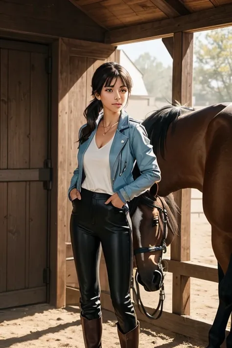 A young woman leans near a horse stable with a relaxed expression. Her dark brown hair is pulled back into a low ponytail., with bangs that softly frame her forehead. Her almond-shaped brown eyes sparkle in the soft light., accompanied by thin eyebrows and...