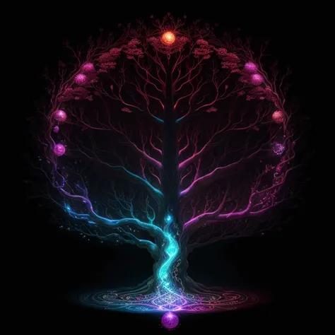 Develop an image of a stylized Knowledge Tree where each element holds symbolic significance. The roots should delve deep, embodying the rich complexities of mythology. The trunk, a sturdy representation of psychology, forms the core of the tree. The branc...