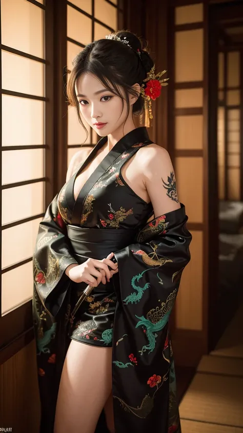 8K Ultra HD, Digital SLR,Film Grain, Fujifilm XT3,(Best Quality:1.3), (masterpiece:1.1), High resolution, Cinematic Light, Intricate details, (Realistic) (Night view) Realistic backlight、Dramatic reddish light、Beautiful Japanese Geisha full body photo, ((F...