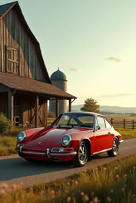 a vintage porsche 911, dans une ferme americaine