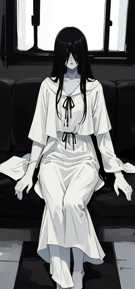 ((work of art)), (better quality), (an absurdity), black hair, yamamura_Sadako, white dress, (gray skin), hair over the eyes, covered eyes, looking at the viewer very sexual in the dark forest super realistic and well detailed