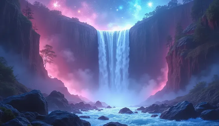  A majestic waterfall, cascading from great heights with imposing grandeur. the water, a brilliant, pristine shade of pink slowly turning to blue and both colors show love and beauty of attraction and friendship as it falls and touches the ground it shimme...