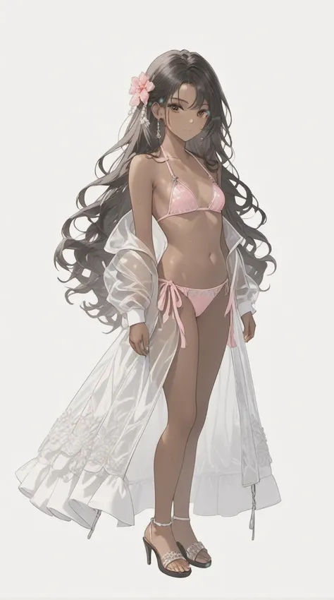 (((Adult transgender woman)): (small pink bikini,  small breasts, Brown eyes, showing the whole body, brown skin color, lace bikini, Black long wavy hair, High heel silver sandals, Cute smille. Closed mouth, pink and silver Makeup)); Standing in beach, bea...