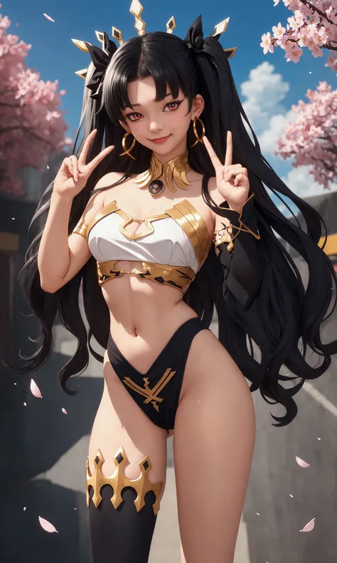 score_9, score_8_up, score_7_up, source_anime, 1girl, solo, outdoors, street, cherry blossoms, cowboy shot, standing, looking at viewer, shiny skin,ishtar, red eyes, black hair, long hair, two side up, parted bangs, black ribbon, hair ribbon, tiara, hoop e...