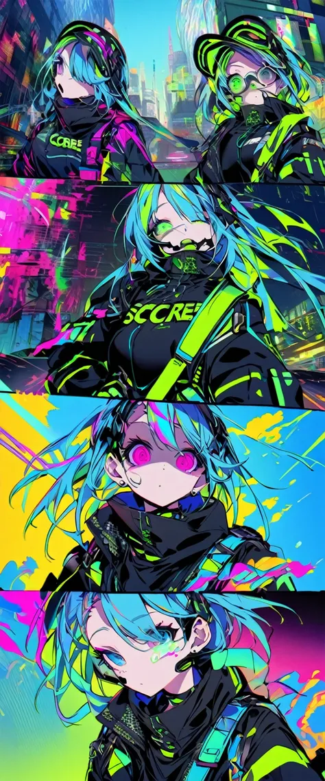 core_9、score_8_up、score_7_up、score_6_up、A glitchscape image of a meditative hacker in ZenPunk style, featuring electric blue and neon green serene anarchy,