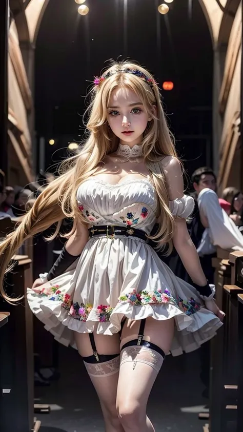 A woman with long blonde hair stands wearing a colorful white mini dress。Colorful mini dress details、Exquisite decoration、White skin、Beautiful neckline、Glowing Skin、round face、Big eyes、Droopy eyes、Thigh-high stockings、Garter belt、The background is the larg...