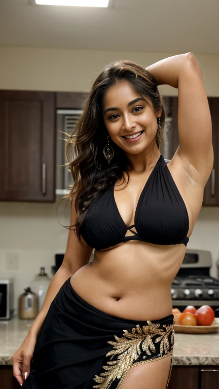 extreme close up photo of indian, hourglass figure, swooping breasts, deep cleavage, standing in a kitchen, open arms, sexy armpits,, sultry, french braid hair, smile, look at viewer, black saree, (cinematic:1.3), intricate details, (ArtStation:1.2)