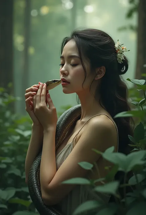 A person’s face with a calm expression, holding a snake gently draped over their shoulders. The background is a dense, misty forest with tall trees and lush greenery. The scene is set during the daytime, with soft sunlight filtering through the leaves, cre...