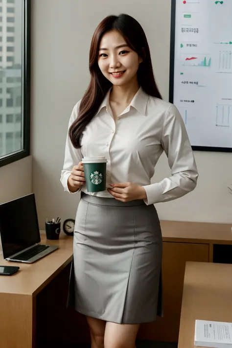 Korean woman, wearing business suit with skirt, smiling, holding starbucks cup in hand, in big office