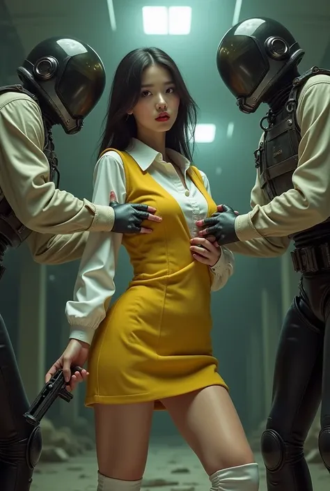 A man&#39;s hand grabs a woman&#39;s breast、No windows and no sunlight、Hats prohibited:1.9、Cowboy style woman、I don&#39;t wear a hat、White blouse with a bright yellow vest、Bright yellow mini skirt、White half boots、20 years old、The face of a Korean idol gro...