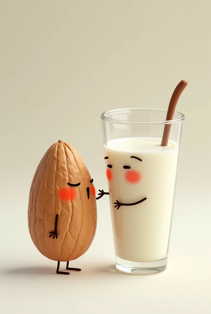 An almond kissing a glass of yogurt