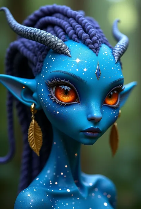 This image presents a mesmerizing portrait of an alien creature with humanoid features, reminiscent of the design of the Navi from the film Avatar. The being has vibrant blue skin covered in white bioluminescent patterns reminiscent of constellations. Its ...