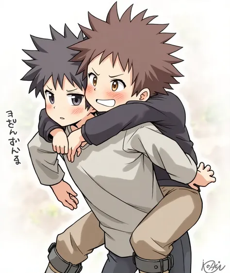 A brown haired boy carrying a black haired boy carrying a  