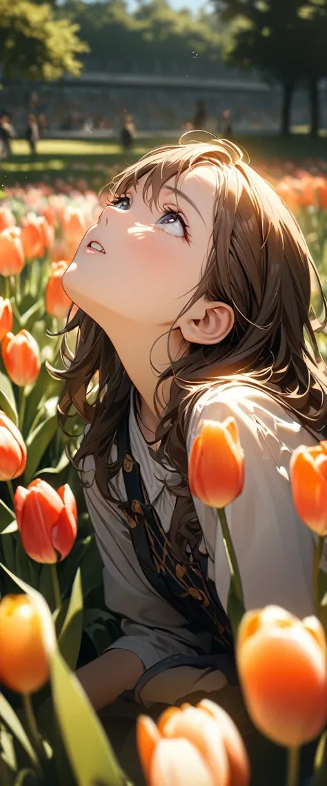 Commemorative photo of girls, 1 Girl,  girl, Tulip Fields:1.2, Playing in the park, Looking up, Plants, Light and shadow with attention to detail, Background Blur, (Highest quality:1.2, 4K, 8k, Very detailed, Attention to detail, masterpiece:1.2, Best aest...