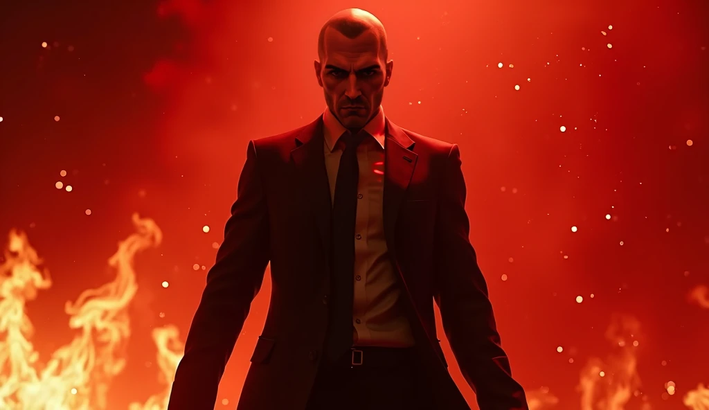 Hitman Blood Money YouTube thumbnail 4K ultra HD, Hitman with a gun cinematic dark red combined background with fire sparks 