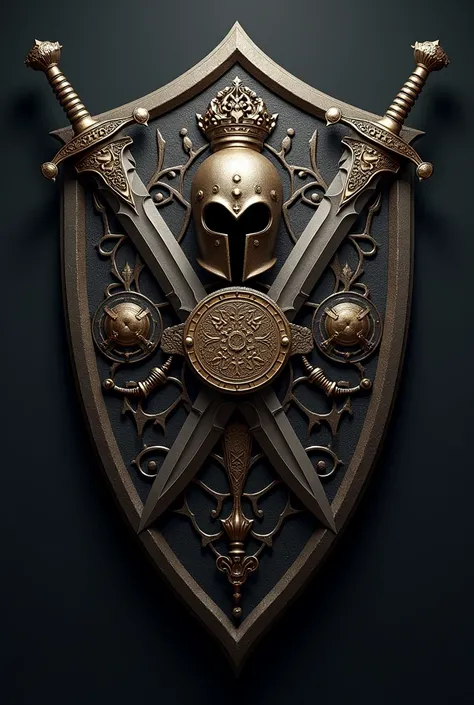 Gothic shield of an emperor with swords on the sides , In the middle of the shield an emperor&#39;s helmet and an emperor&#39;s coin, on the shield 2 crossed swords.

