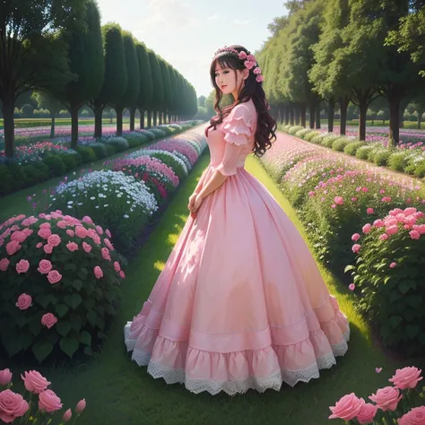 arafed woman in a Pink dress walking through a garden of flowers, prima ballerina in rose garden, dressed in a Pink dress, sitting in the rose garden, wearing a Pink dress, rose garden, Gemma Chen, Beautiful photo of the whole body, ยืนอยู่in the gardenพฤก...