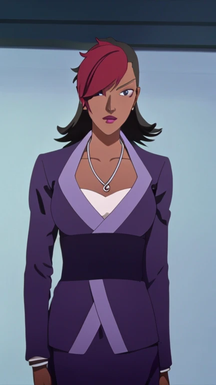 Evil black skinned business woman in a purple skirt suit full bodys