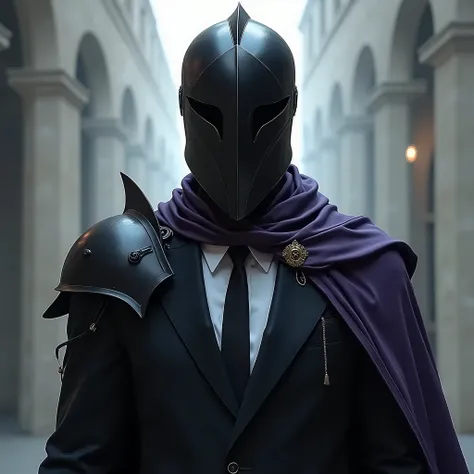 young man, wearing suit, black knight helmet, covered face,  purple details

