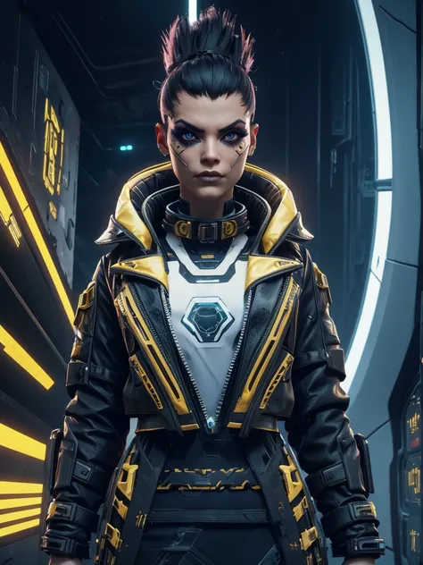 mexican, sci fi mexican cyberpunk black hair woman, a woman with a cyber skeleton face makeup!, white shirt with gold collar, cyber skeleton face makeup, with big mohawk, cybernetic face, Xtreme, white shirt with gold collar, cyberpunk 2077 staircase backg...