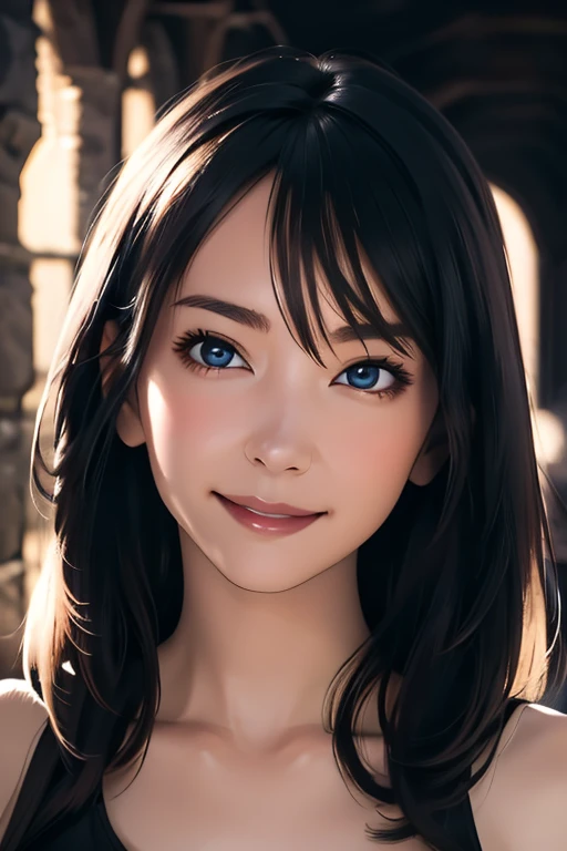 Best Quality　High resolution　Simple　In the dark castle:2.0　暗い石でできたDungeonsのような廊下　Flashlight　Long Bangs　Adult female　Beautiful girl in iron armor　Casual expression　cute　smile　Beautiful Eyes　One Woman　Long side hair　Very black hair　Shiny long hair　Straight H...