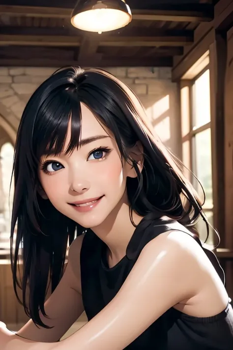 Best Quality　High resolution　Simple　In the dark castle:2.0　暗い石でできたDungeonsのような廊下　Flashlight　Long Bangs　Adult female　Beautiful girl in iron armor　Casual expression　cute　smile　Beautiful Eyes　One Woman　Long side hair　Very black hair　Shiny long hair　Straight H...