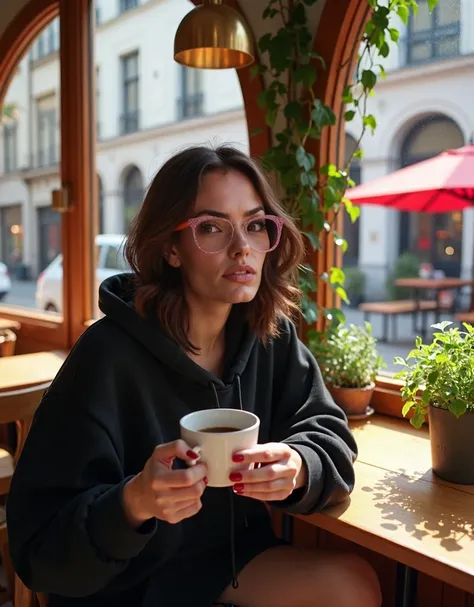 Create a a close up selfie of the (character reference, she ) cozy café scene with large, arched windows that let in soft, natural sunlight. she is wearing a black over sized hoodie and pink glittery big glasses. she has a techie look. her lips are red and...