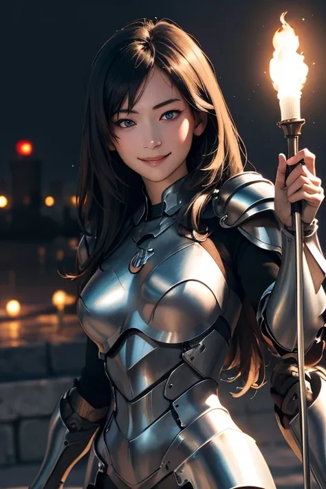 Best Quality　High resolution　Simple　In the dark castle:2.0　暗い石でできたDungeonsのような廊下　Flashlight　Long Bangs　Adult female　Beautiful girl in iron armor　Casual expression　cute　smile　Beautiful Eyes　One Woman　Long side hair　Very black hair　Shiny long hair　Straight H...