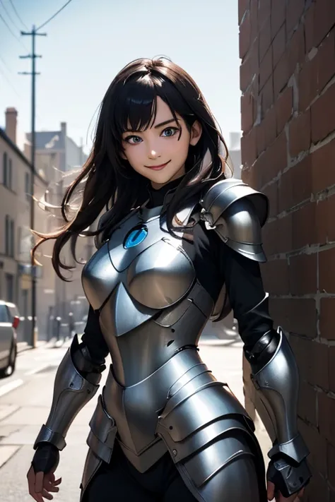 Best Quality　High resolution　Simple　In the dark castle:2.0　暗い石でできたDungeonsのような廊下　Flashlight　Long Bangs　Adult female　Beautiful girl in iron armor　Casual expression　cute　smile　Beautiful Eyes　One Woman　Long side hair　Very black hair　Shiny long hair　Straight H...