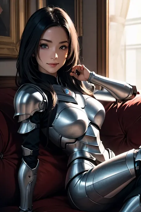 Best Quality　High resolution　Simple　In the dark castle:2.0　暗い石でできたDungeonsのような廊下　Flashlight　Long Bangs　Adult female　Beautiful girl in iron armor　Casual expression　cute　smile　Beautiful Eyes　One Woman　Long side hair　Very black hair　Shiny long hair　Straight H...