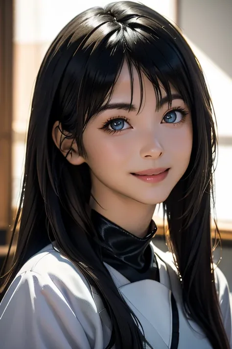 Best Quality　High resolution　Simple　In the dark castle:2.0　暗い石でできたDungeonsのような廊下　Flashlight　Long Bangs　Adult female　Beautiful girl in iron armor　Casual expression　cute　smile　Beautiful Eyes　One Woman　Long side hair　Very black hair　Shiny long hair　Straight H...