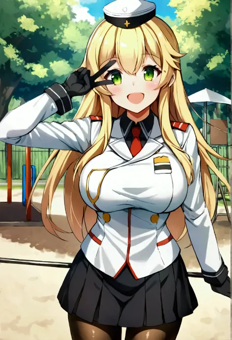 score_9, score_8_up, score_7_up, source_anime, atago, long hair, blonde hair, green eyes, atago (kancolle), large breasts, gloves, hat, pantyhose, black gloves, uniform, military, military uniform,, public park, playground, swing set, laughter, sunny day, ...