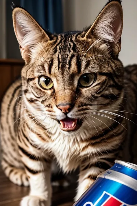 A close up picture of a huge cat growling and looking angry at humans for his Pepsi-Colas cans that he considers his property and he wont share with anyone.
