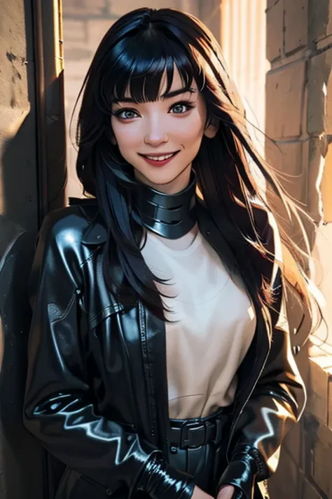 Best Quality　High resolution　Simple　In the dark castle:2.0　暗い石でできたDungeonsのような廊下　Flashlight　Long Bangs　Adult female　Beautiful girl in iron armor　Casual expression　cute　smile　Beautiful Eyes　One Woman　Long side hair　Very black hair　Shiny long hair　Straight H...