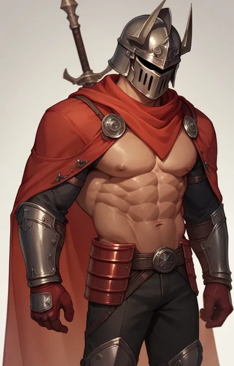 Muscular man, wearing rigid black and red armor. He wears a red cloak as well. A red scarf and helmet hide his face.