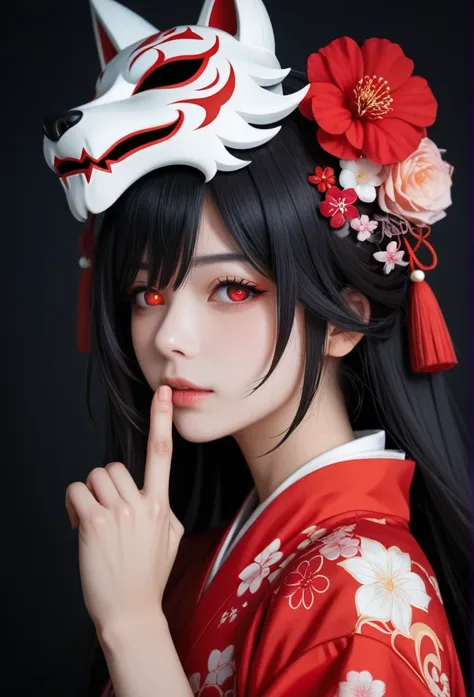 sparkle (Honkai: Star Rail),1 girl,alone,  Japan, The kimono has details., Long black hair, red hair, Evil red eyes, There is a fox mask on his head., Unmask, Evil Lover Flower Yandere Student, Psychosis, Bite your own finger. Dark background, Dark tones, ...