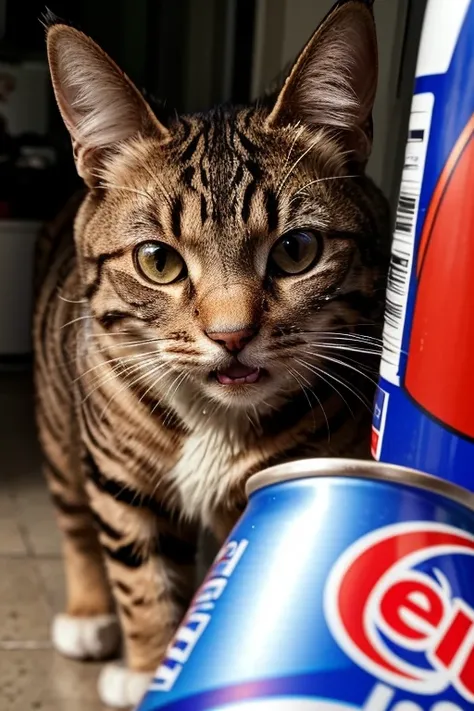 A close up picture of a huge cat growling and looking angry at humans for his Pepsi-Colas cans that he considers his property and he wont share with anyone.
