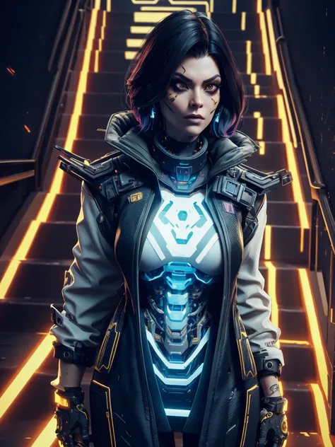 Villain, sci fi mexican cyberpunk black hair woman, awoman with a cyber skeleton face makeup, white shirt with gold collar, cyber skeleton face makeup, with big mohawk, cybernetic face, Xtreme, white shirt with gold collar, cyberpunk 2077 staircase backgro...