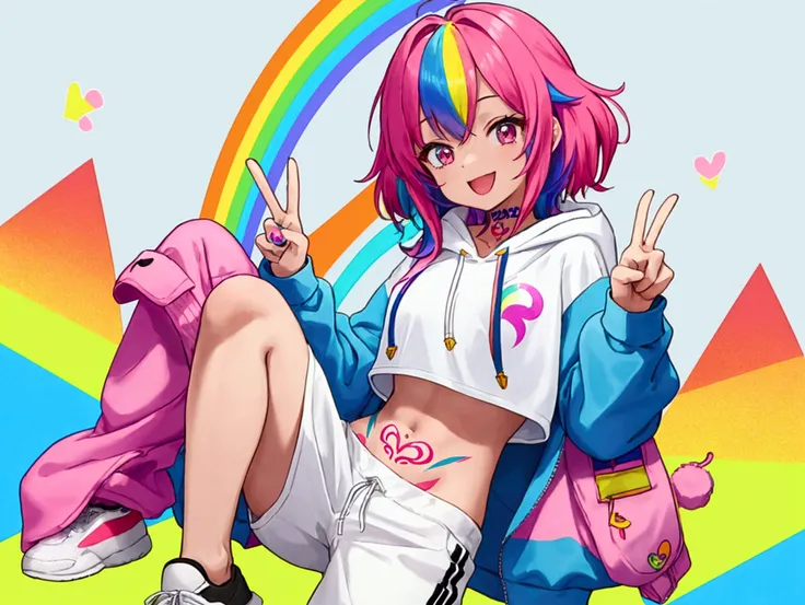 A girl wearing a rainbow-colored hoodie, she also has white short sports pants on, and she also wears white sports shoes, She has a big smile and makes the peace sign with her hand, She has a small chest and breasts , She is skinny and has tattoos